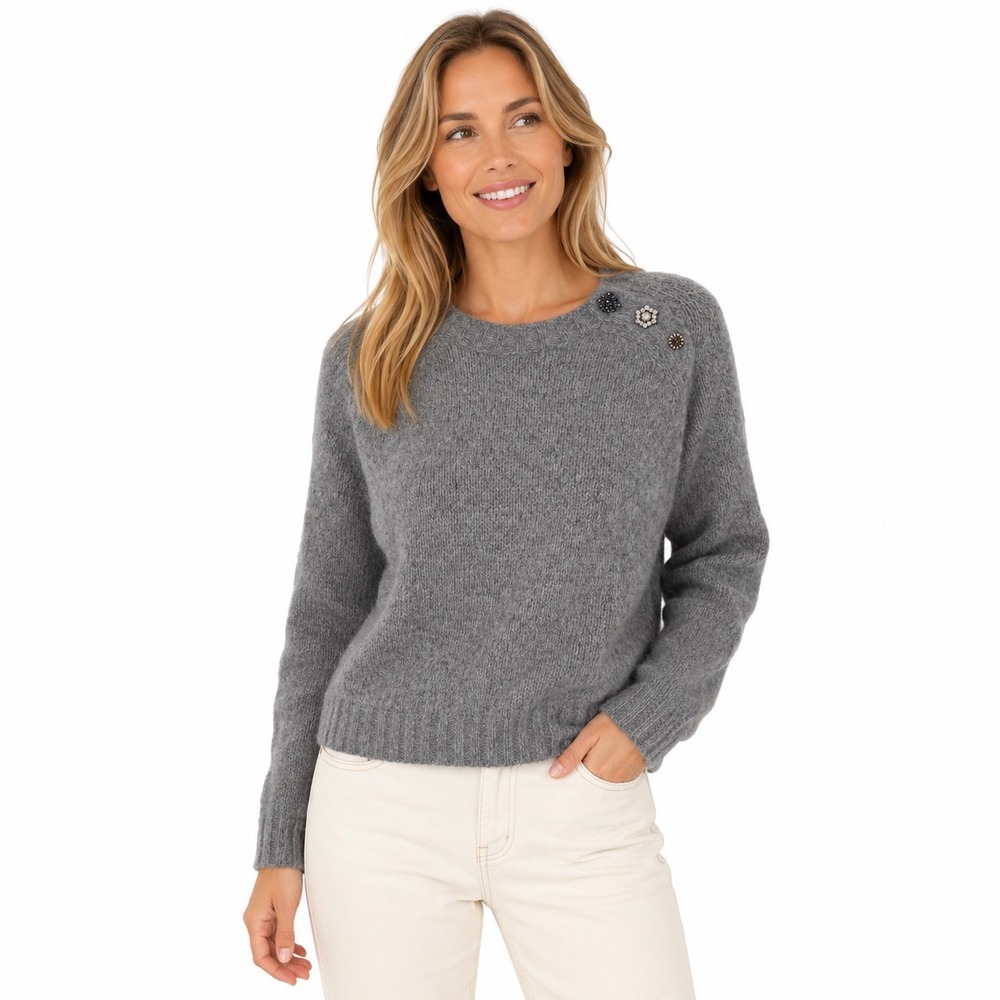 Ba&sh Wool Alpaca Blend Jeweled Crewneck Pullover Sweater Womens M Gray